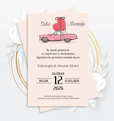 Kişiye Özel Düğün Davetiyesi – Özel Tasarım Araç Temalı 2026